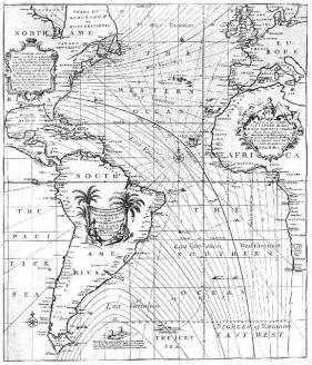 Галлей. Карта магнитных склонений Атлантики. 1701-й год